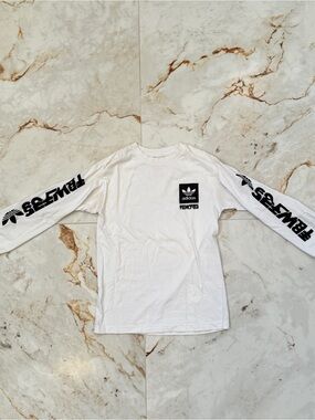 adidas White Long Sleeve Shirt with Black Sleeve Graphic Logos